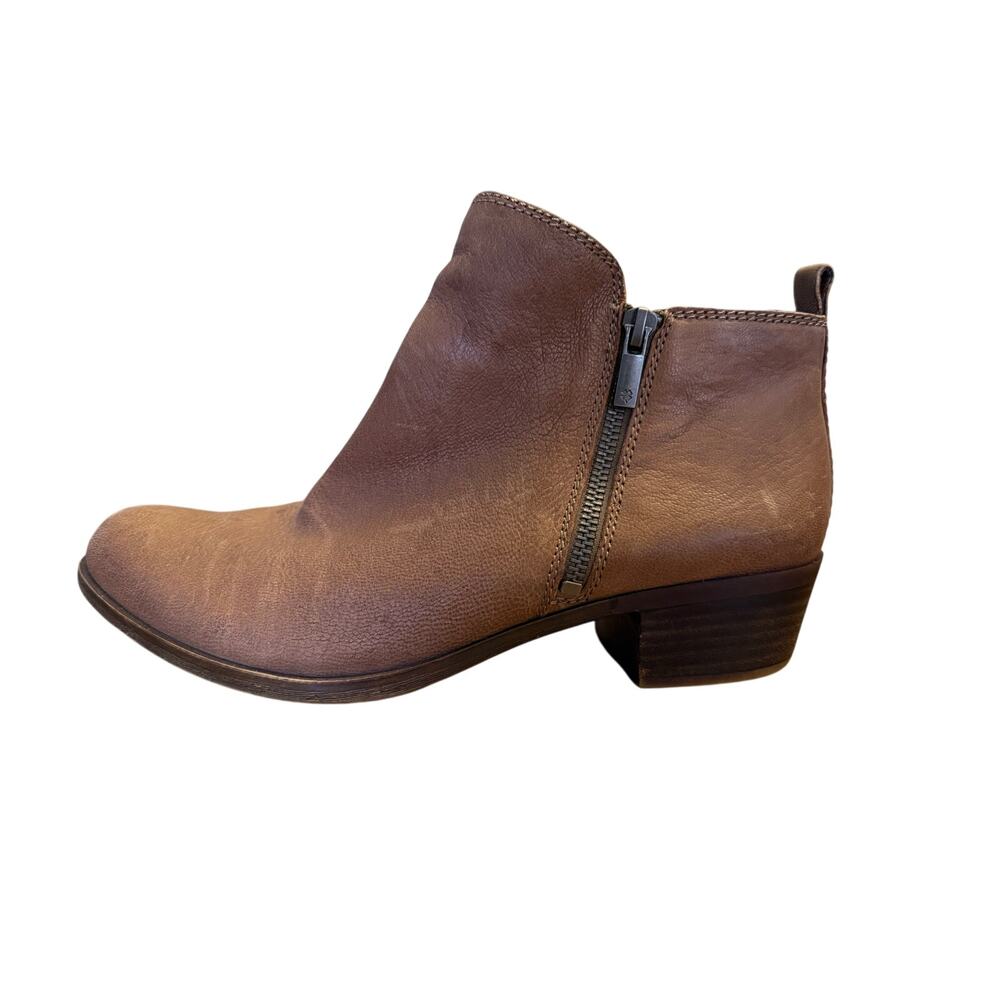 Lucky Brand Basel Ankle Bootie Women’s 9.5 Brown Leather Heeled Boot Double Zip